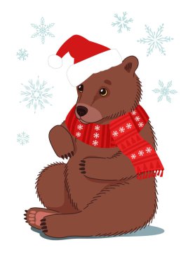 Noel şapkası ve atkısı takmış şirin bir ayı. Vektör illüstrasyonu.