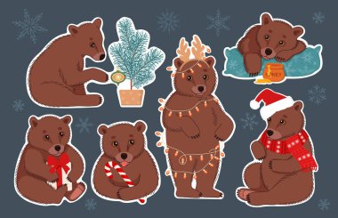 Büyük bir Noel çıkartması. Noel sembollü şirin kahverengi ayılar. Düz vektör illüstrasyonu.