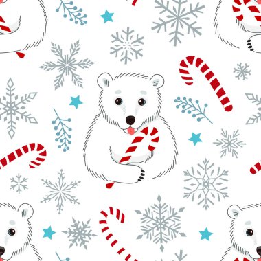 Beyaz kutup ayısının baston şekeri tuttuğu kusursuz bir Noel deseni. Kumaş, ambalaj kağıdı ve duvar kağıdı için kar taneleri ile kış vektörü modern illüstrasyonu.