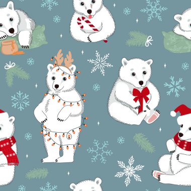 Beyaz kutup ayıları ve Noel elementleriyle kusursuz bir desen. Kumaş, ambalaj kağıdı ve duvar kağıdı için kış vektör illüstrasyonu.