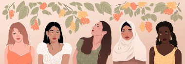 Çiçekli çok çeşitli kadınlar. Posterler, dergi kapakları, kitaplar ve kartlar için düz bir modern vektör çizimi.