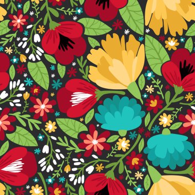 Çiçeklerin ve yaprakların kusursuz deseni. Moda kumaşlar, duvar kağıtları, ambalaj kağıtları ve çarşaflar için basit modern illüstrasyon.