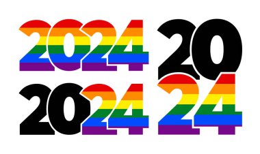LGBTQ 2024 gökkuşağı logoları. Gurur Ayı desteğinin vektör sembolü.