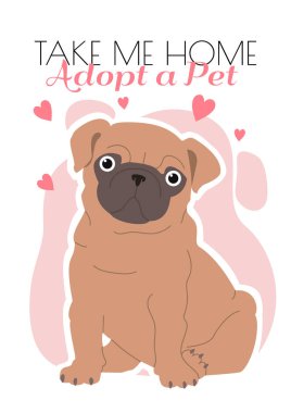 Evcil hayvan evlat edinme promosyonu. Sevimli köpek karıncalı bir pankart al. Broşür tasarımı için vektör karikatür çizimi, web sayfaları.