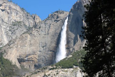 Yosemite Ulusal Parkı. Yosemite vadisi. Yosemite üst düşüşü. Güzel şelale. Doğada hafif bir fotoğraf.