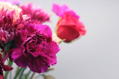 Çiçeklerin arka planı çok güzel. Gri arka planda farklı çiçeklerden bir buket.