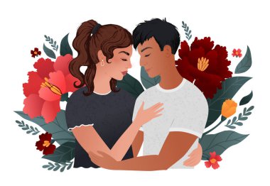 Kucaklaşan kadın ve erkek. Şefkat ve sevgi gösteriyor. Güzel el yapımı romantik vektör çizimi.