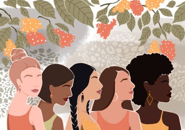 Women of different ethnic groups together. Modern flat vector illustration with flowers. clipart