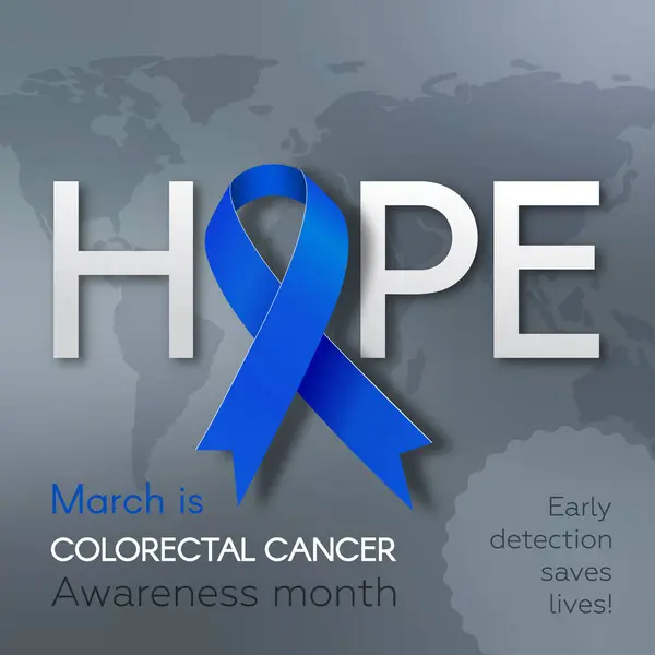 Colorectal Cancer Awareness Month square poster with Blue ribbon. Vector illustration.	