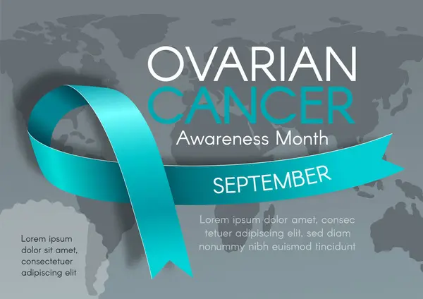 stock vector Ovarian Cancer Awareness Month in September Poster Design. Realistic Teal Ribbon. Modern illustration. Horizontal banner