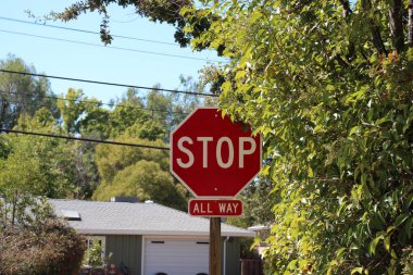 Yol tabelası mavi gökyüzüne ve yeşil yapraklara yakın çekim yapıyor. Fotoğraf güneşli bir günde