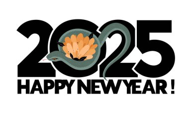 Logo 2025 with snake and flower. Icon with text. Happy New Year. Simple and concise design.	