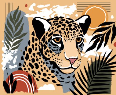 Hand-drawn Abstract illustration of a leopard with tropical leaves, sun, and artistic patterns on a beige background. Wildlife concept clipart