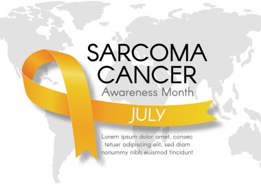 Sarı kurdeleli ve dünya haritalı Minimalist Sarkoma Kanser Farkındalığı Ayı tasarımı. Sağlık eğitimi, Temmuz kampanyaları ve tıbbi farkındalık materyalleri için temiz ve modern bir düzen.