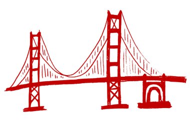 San Francisco 'daki Golden Gate Köprüsü' nün kırmızı çizimi, beyaz arka planda izole edilmiş, kaba desenli..