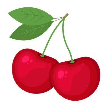 Yeşil yapraklı ve saplı parlak kırmızı karikatür kirazları, beyaz arkaplanda düz, renkli bir şekilde gösterilir..