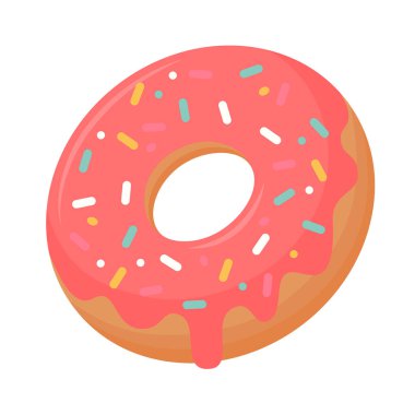 Beyaz arka planda renkli serpiştirilmiş lezzetli pembe jöleli donut. Çizgi film ikonu tarzında tatlı, fırın menüsü, poster veya yemek tasarımı için mükemmel..