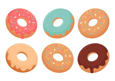 Beyaz arka planda serpiştirilmiş altı renkli donut seti. Pastane, yemek tasarımı ya da tatlı menü dekorasyonu için karikatür tarzında tatlı ikonlar.