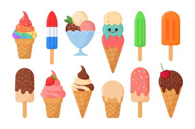 Beyaz arkaplanda çizgi film tarzında 12 renkli dondurma kümesi, dondurma, dondurma, dondurma ve gülümseyen karakterler..
