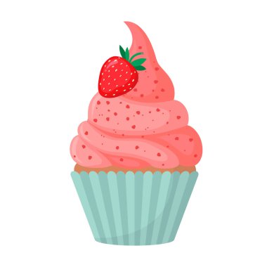 Üzerinde krema ve taze böğürtlen olan şirin pembe çilekli kek. Çizgi film tarzında izole edilmiş..