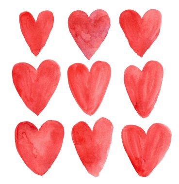 Beyaz arka planda dokuz kırmızı suluboya kalp koleksiyonu. Aşk temalı tasarımlar, sevgililer günü kartları ve duygusal yaratıcı projeler için ideal el yapımı elementler..