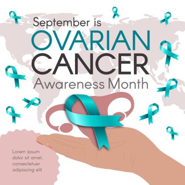 Yumurtalık kanseri farkındalığı ayı posteri, deniz mavisi kurdeleleri, uterus çizimi ve destekleyici el, Eylül 'de kadın sağlığını destekleyen