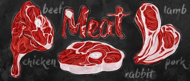 Et ve lezzetler arka planda. Çiğ et ve jambon çeşitleri. Biftek skeci.. 