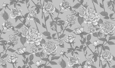Gri arka plan. Arka planda güllerin gri tonlu çizimi. Gül desenli kusursuz çiçek deseni. Yaratıcılık ve reklamcılık için dokulu arka plan.
