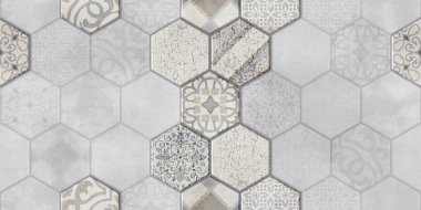 Seamless vintage pattern with scuff effect. Patchwork tiles. Hand-drawn seamless abstract tile pattern. Tile Azulejos patchwork. Portuguese and Spanish dcor. Hexagon pattern clipart