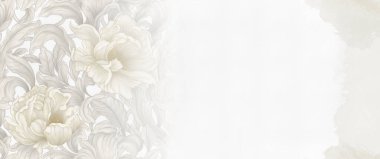 Modern bej ve allık moda tasarım afişi. Lüks barok, Victoria tarzı buket ve monogram. Bej şakayıklar, güller. Suluboya fırça dokusu. Düğün davetiyesi..