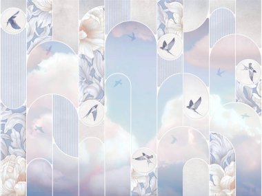 Geometrik çizgileri olan kusursuz desen tasarımı, gökyüzü ve kuşların suluboya çizimi, modern lüks arka plan. Duvarlar için duvar resmi. Tropikal yaprak ve çiçek çerçevesi.