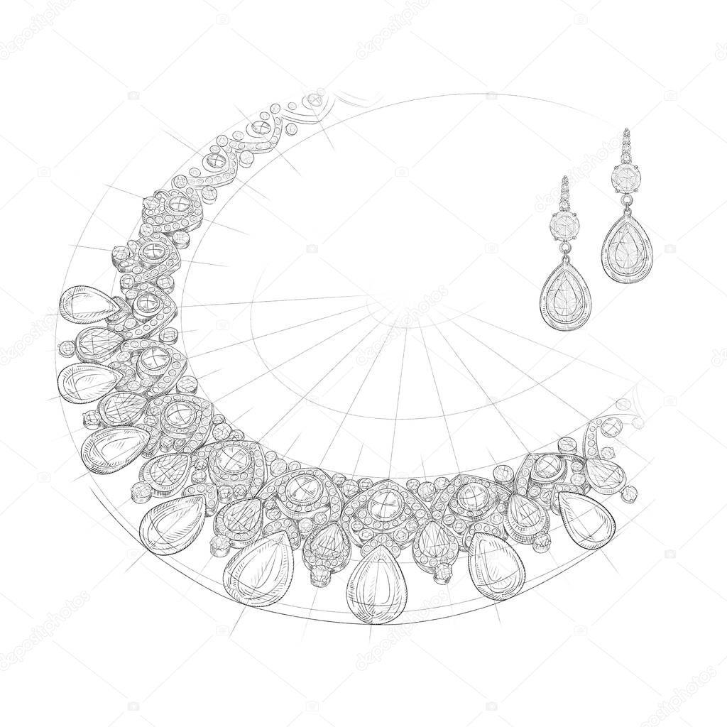 Pencil drawing of a necklace and a earrings with precious stones on a white background. Isolated sketch. Advertising material.