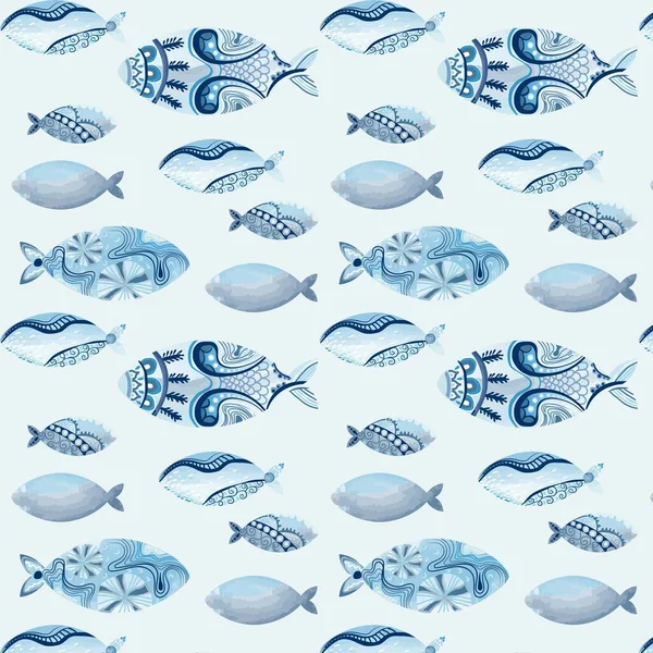 Abstrato Mar Oceano Peixe Sem Costura Padrão Tecido Papel Parede — Vetor de Stock