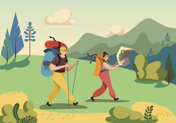 Туристична Плоска Ілюстрація Гірський Ландшафтний Табір Тема Туризму Чоловік Жінка — стоковий вектор