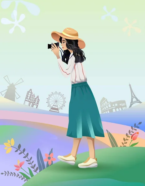 Kadın Seyahat Illüstrasyonu Gradyan Turist Kızla Fotoğraf Çekme Konsepti — Stok Vektör
