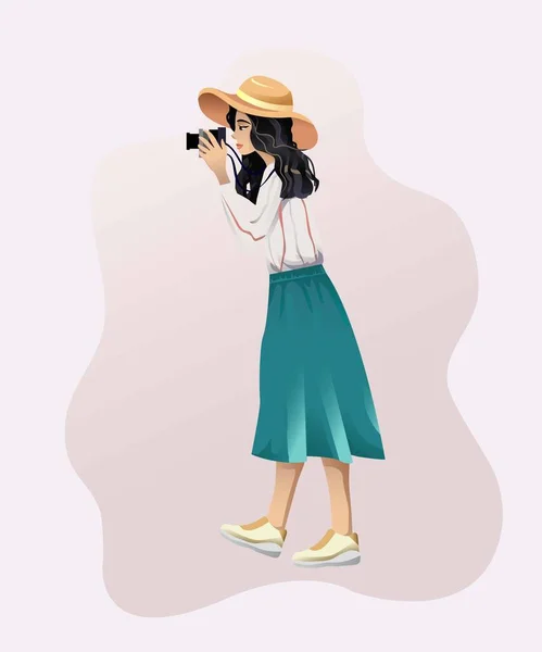 Молода Жінка Градієнтна Ілюстрація Взяти Фотографа Фотоапаратом — стоковий вектор
