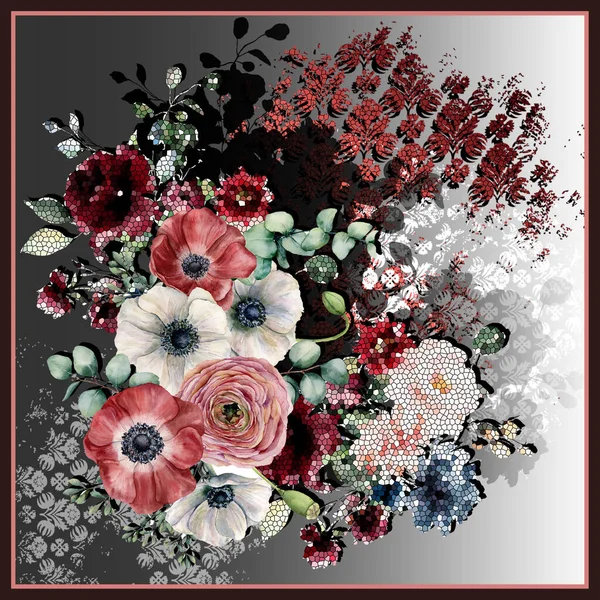 Composição Floral Com Flores Folhas Sobre Fundo Marrom Escuro — Fotografia de Stock