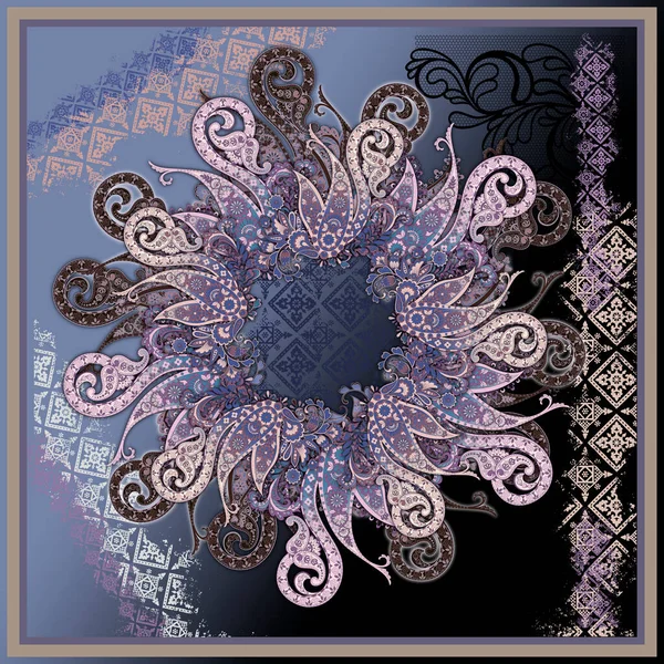 Vektor Virág Minta Csipkével Etnikai Paisley Dísz Kék Háttér — Stock Fotó