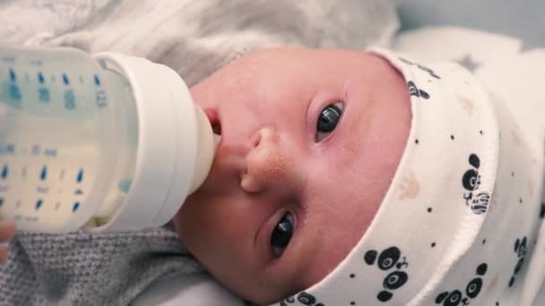 우유를 가까이 마시는 우유를 마시는 아기가 젖병을 있습니다 젖병으로 아기에게 — 비디오
