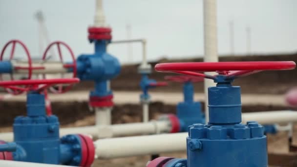 石化厂的石油 天然气或化学运输系统 大的红阀和蓝管子 — 图库视频影像