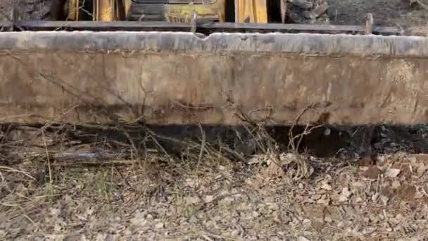 Primer Plano Excavadora Cubo Escaleras Mecánicas Desarraigando Arbustos Árboles Campo — Vídeos de Stock