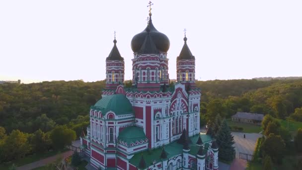 Schöner Tempel Grünen Park Der Ukraine Feofania Kiew Luftaufnahme Des — Stockvideo