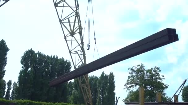 Gantry Crane Lifts Steel Pipes Iron Manufacture Metal Products Crane — Video Stock