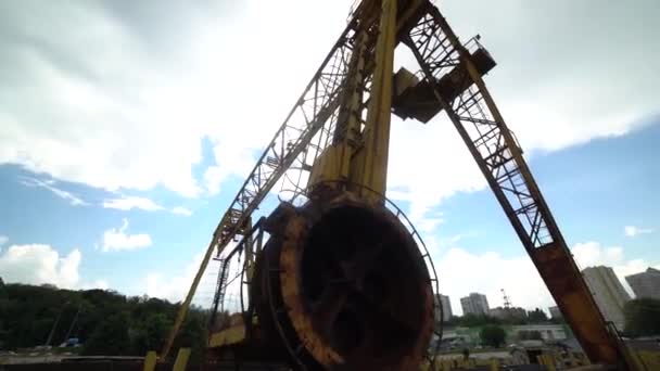 Huge Gantry Crane Sky Moves Rails Dragging Cargo Warehouse Finished — Stock Video