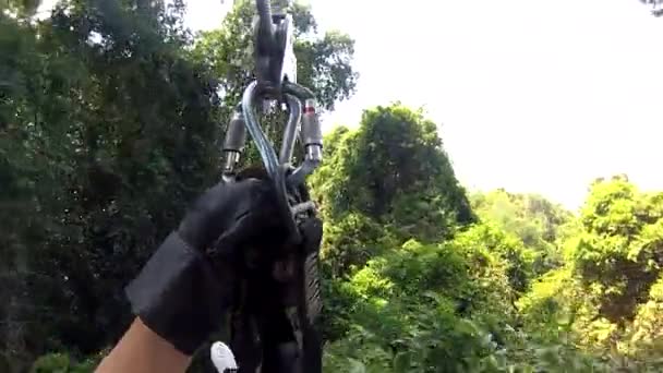 Tarzan Человек Большой Скоростью Канате Молнии Джунглях Летать Через Деревья — стоковое видео