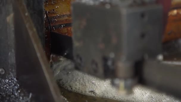Band Saw Cuts Metal Thick Taper Cools Blade Water — Stock Video