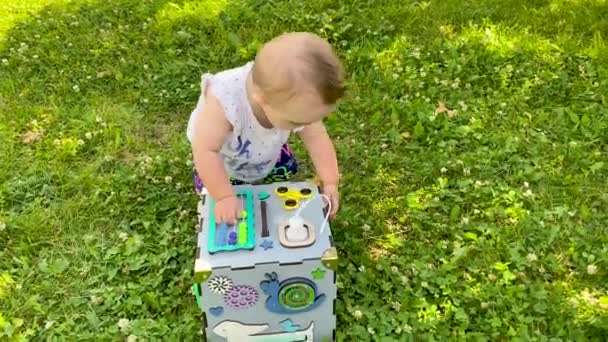Solig Dag Leker Baby Gräsmattan Parken Med Leksaker — Stockvideo