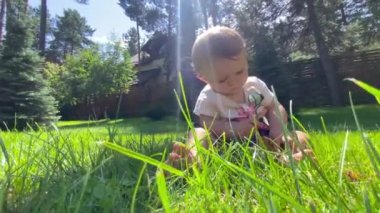 Mutlu bebek çimenlikteki yeşil çimlerde oynuyor. Parkta neşeli bir bebek
