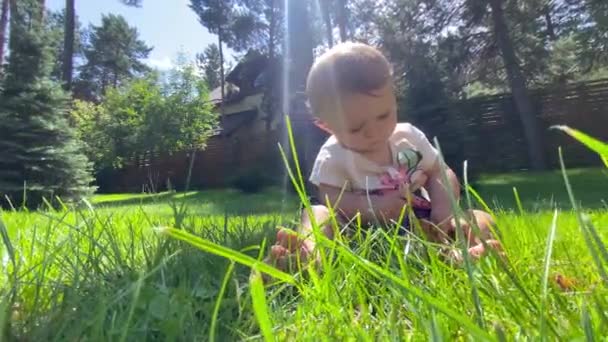 芝生の緑の草で遊んでいる幸せな赤ちゃん 公園の外で楽しい赤ちゃん — ストック動画