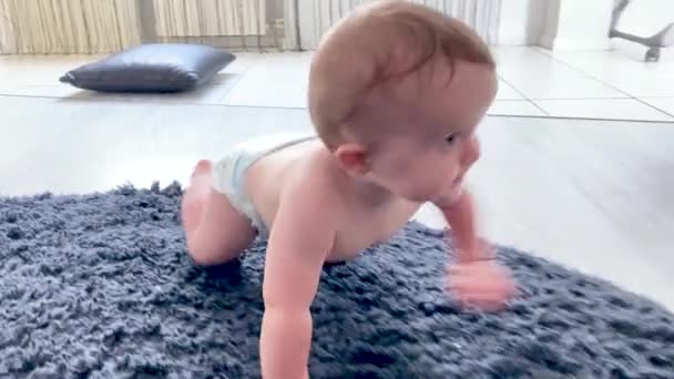 自宅の床のカーペットの上に ハッピーベイビー クロール 赤ん坊は家の周りを歩き回ることを学んでいます — ストック動画